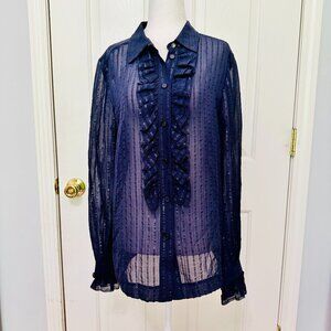 TORY BURCH RUFFLE SHEER METALLIC LONG SLEVE NAVY SILK BUTTON DOWN SHIRT BLOUSE
